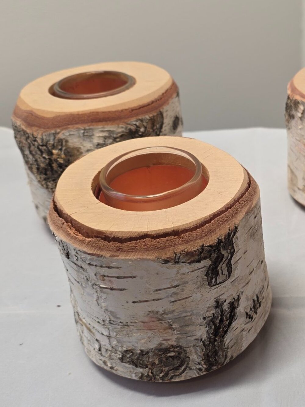 Set of 4 Birchwood Votive Candle Holders. Real Birchwood hand cut and crafted.